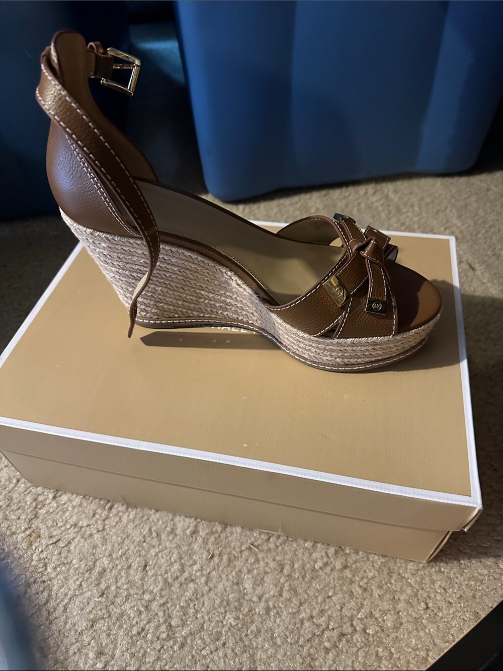 Michael Kors Brown Leather Wedge Espadrille Ankle-Strap Sandals